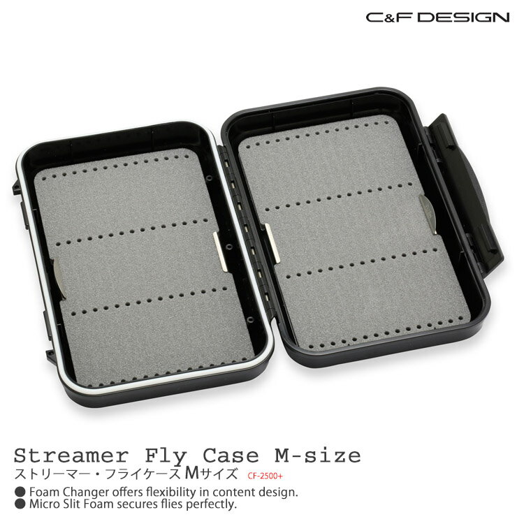 C&amp;F DESIGN / C&amp;Fデザイン Regular Series Streamer Fly Case ストリーマー フライケース Mサイズ CF-2500+ C&amp;F DESIGN Regular Series Streamer Fly Case Medium size CF-2500+ 状況に応じて中身の入れ替えが簡単に行える、新しいプラットフォーム ストリーマー・システムフォームが、フォームチェンジャーに2枚セットされたフライケースです。 スリット・ガイドにフックベンドを押し込み、フライをセットしてご使用ください。 フォームに直接フックポイントを刺さないので、フォームが傷むこともありません。 別売のシステムフォーム各種を組み合わせることで、多彩なカスタマイズでご使用いただけます 別売のシステムフォームは、こちら 発送上の都合で下記写真のように開梱した状態で梱包/発送いたします。 ご了承ください。 メーカー希望小売価格はメーカーカタログに基づいて掲載しています