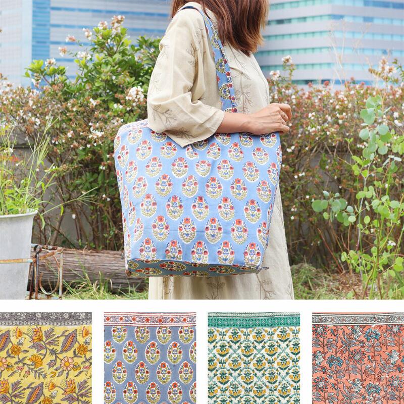 エコポケッタブルバッグ ＜アマービレブロックプリント＞トートバッグ インド 綿100％ コンパクト かわ..