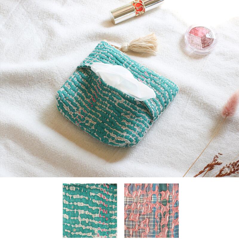 ティッシュケース付ポーチ ヴィンテージカンタ 古布 ティッシュケース ポーチ 小さめ インド 綿100％