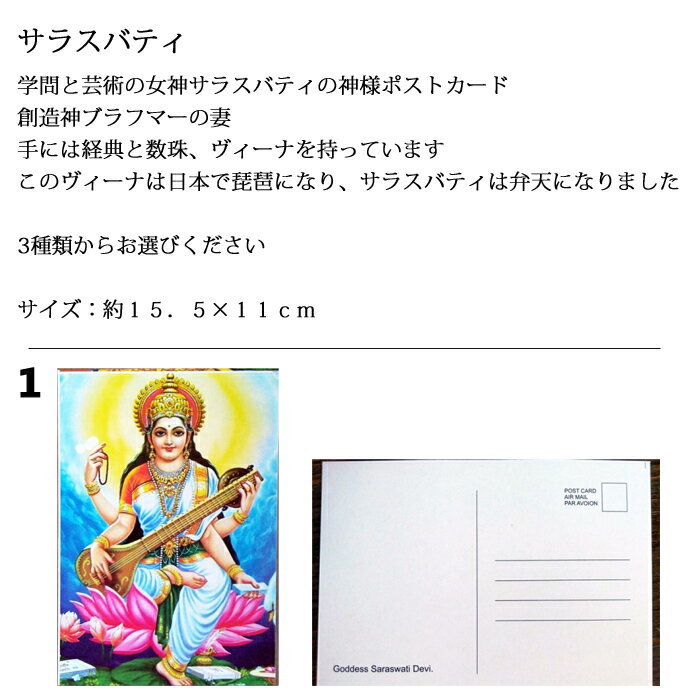 神様 ポストカード：サラスバティ / インド ネパール プレゼント はがき ポスター 開運 女神 学問 芸術 ポイント消化