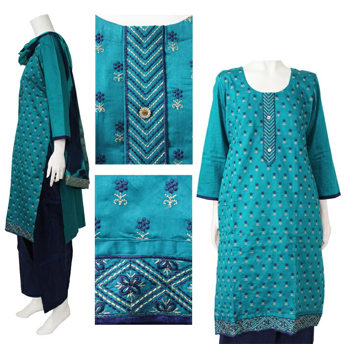 ＜M＞パンジャビドレス：クルタ・サルワール　ブルーグリーン / インド 服 民族衣装 アジアン ファッション パンジャビ ドレス カミーズ エスニック