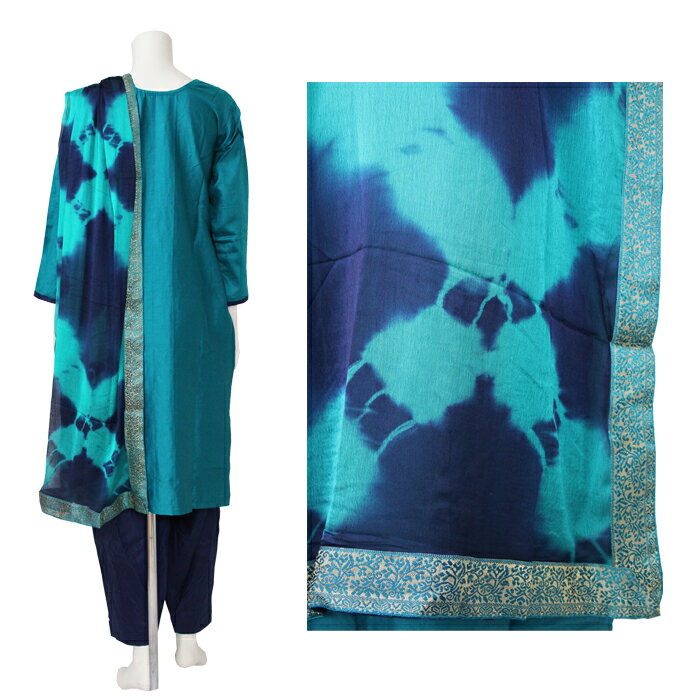 ＜M＞パンジャビドレス：クルタ・サルワール　ブルーグリーン / インド 服 民族衣装 アジアン ファッション パンジャビ ドレス カミーズ エスニック