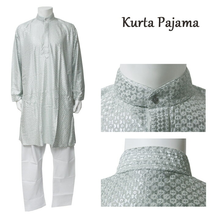 乐天商城 - クルタ・パジャマ：シルバーグレー（インド表記40・42）/ クルタパジャマ KurtaPajama 男性民族衣装 メンズインド衣裳 エスニックファッション