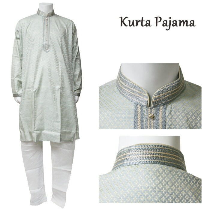 樂天商城 - クルタ・パジャマ：ライトブルー＆ライトイエロー（インド表記40）/ クルタパジャマ Kurta Pajama 男性民族衣装 メンズ インド衣裳 エスニックファッション