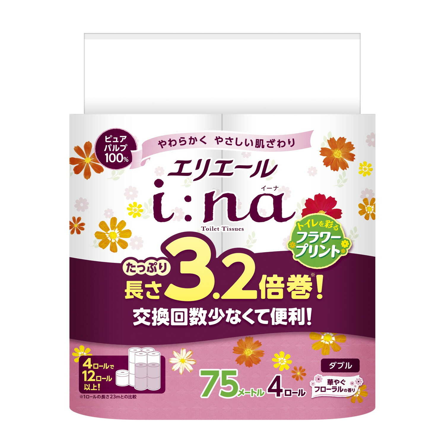 大王製紙 エリエールI;naトイレット ダブル プリント 3.2倍巻 4ロール 【16個セット】