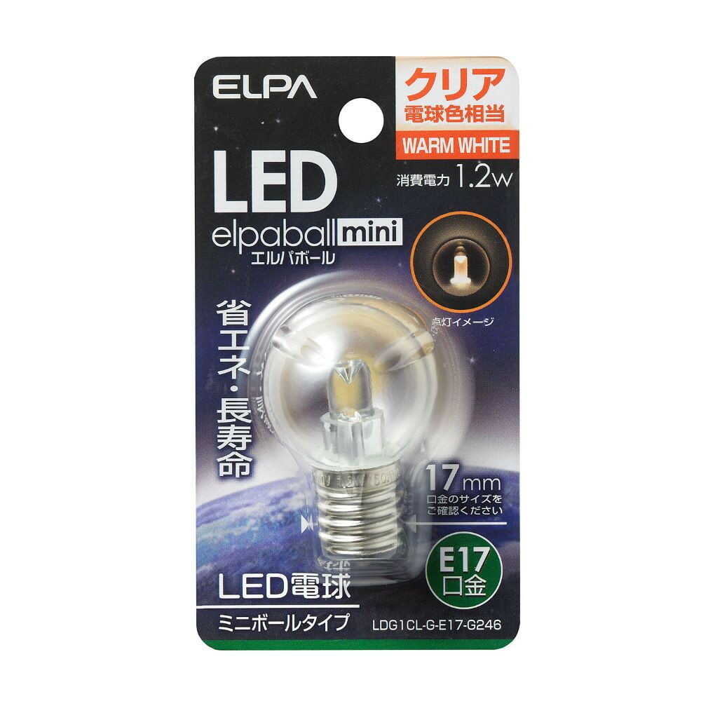 商品説明(製品の特徴)●光源にはLEDを使用していますので、消費電力が少ない省エネタイプです。■交流電源：100V 50／60Hz共用■口金：E17■サイズ：全長48X外径30（mm）■質量：12g■定格入力電流：0.014A■定格消費電力：1.2W■設計寿命：30,000時間■全光束：45lm■光色：電球色相当■屋内用問い合わせ先朝日電器株式会社お客様窓口072-871-1166（大阪）042-473-0159（東京）受付時間：平日9:00〜17:30（土日祝日、休業日は除きます）メーカー名(製造販売会社)朝日電器株式会社ブランド名ELPA広告文責株式会社サンドラッグ/電話番号:0120-009-368JAN4901087190812 ※パッケージ・デザイン・内容等は、リニューアルにより予告なしに変更される場合がありますので、予めご了承ください。※お届け地域によっては、表記されている日数よりもお届けにお時間を頂く場合がございます。LED、長寿命、省エネ、E17