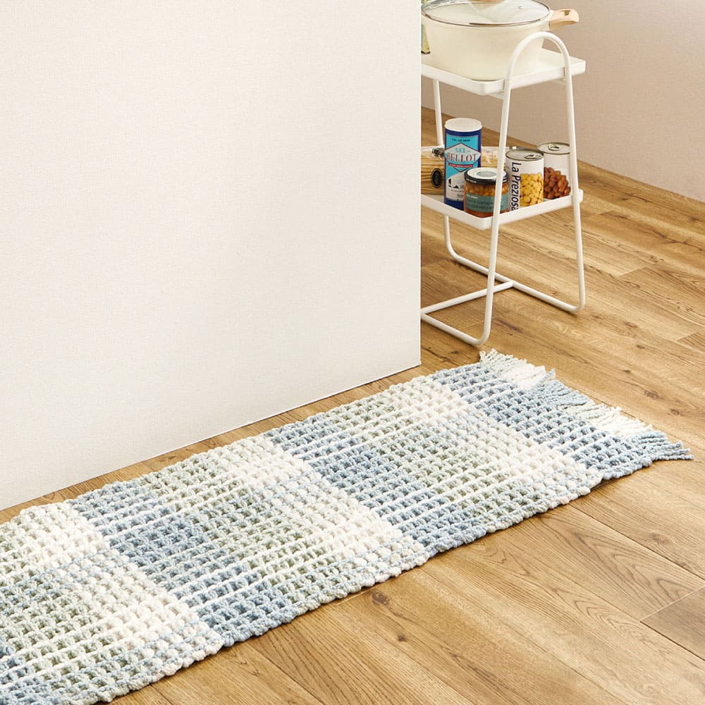 ワッフル風マット チェック柄 エルフ ブルー 45×240 メーカー直送 ▼返品・キャンセル不可【他商品との..