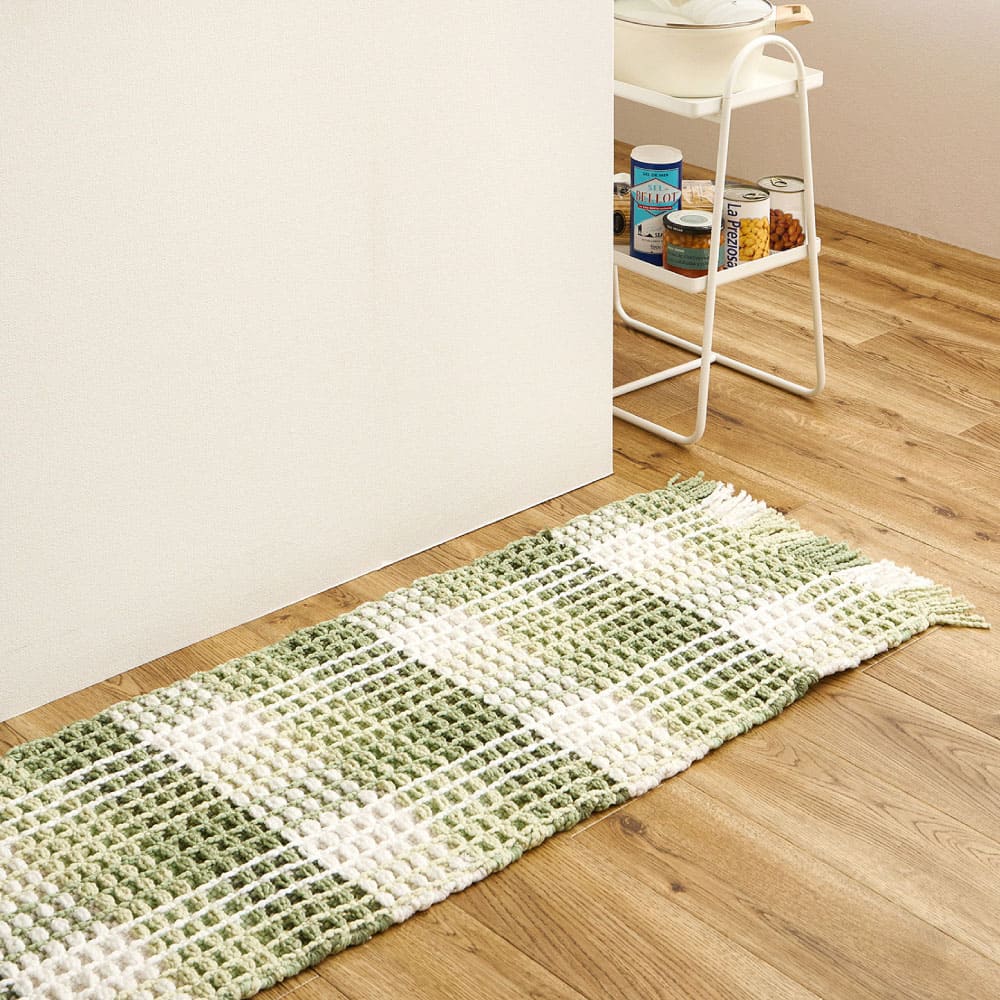 ワッフル風マット チェック柄 エルフ グリーン 45×180 メーカー直送 ▼返品・キャンセル不可【他商品と..