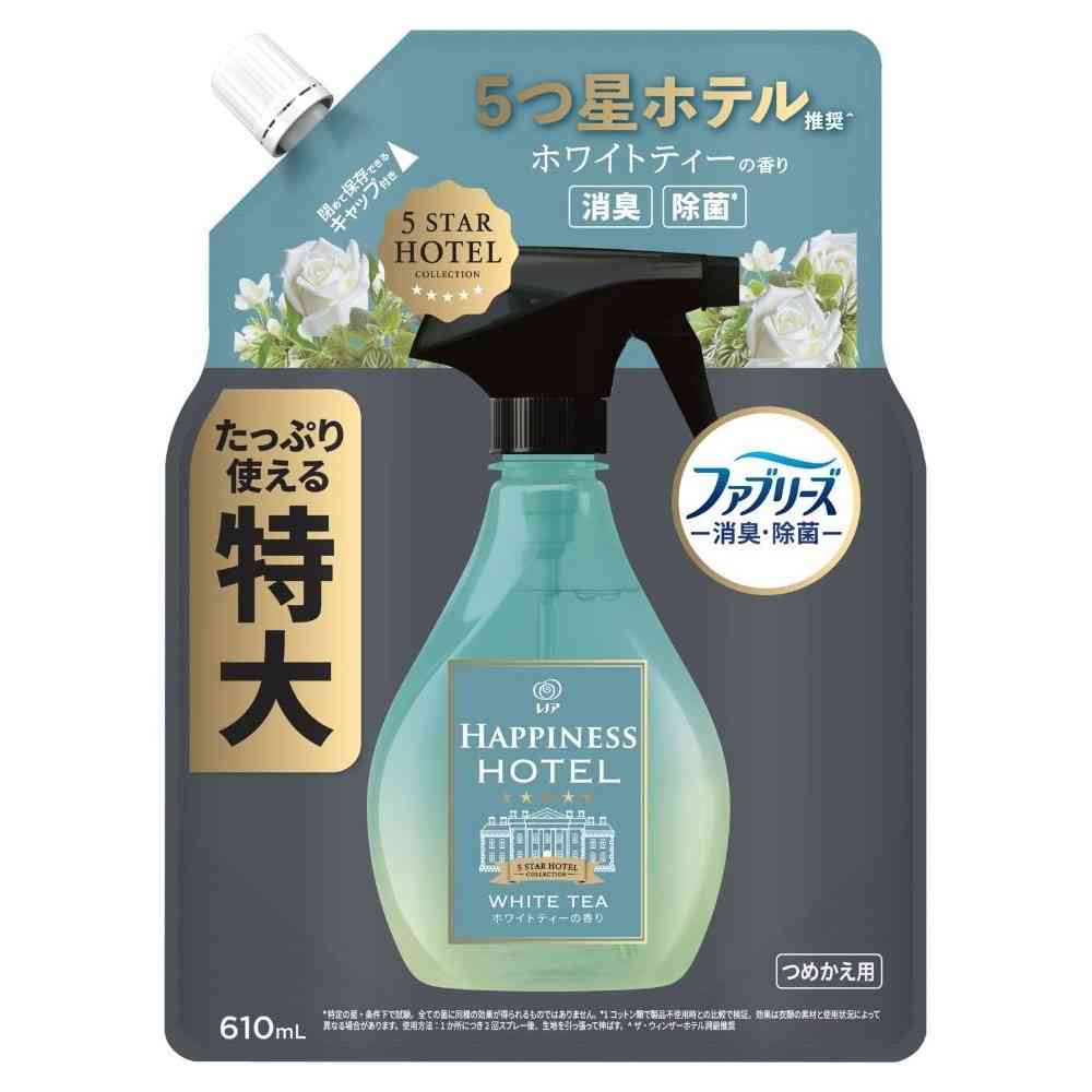 商品説明(製品の特徴)ファブリーズの消臭・除菌力にまるで5つ星ホテルのような香り使用上の注意・革・和装品へは使用不可。・毛、絹・レーヨン・アセテート・キュプラなど水に弱い繊維、水洗い不可の表示があるもの、防水・撥水加工など特殊加工されたものは、シミになったり、風合いを損ねる恐れがあるので、あらかじめ目立たない部分で試す。・20cmより近づけたり、一度にスプレーしすぎたりしない。・シミやベタつきの原因になることがある。・汚れのあるものは、汚れが原因の輪ジミを起こすことがある。・汚れが原因のニオイは、使用後、汚れから再びニオイが発生することがある。・スプレーは手早く最後まで引ききる。・床や家具など布製品以外についた場合はすぐに拭き取る。・直射日光の当たる場所や温度差の激しい場所（電化製品の上など）での保管は避ける。・狭い空間で使用するときは、換気して使用する。・用途以外に使用しない。・子供や認知症の方、ペットの届かないところにおき、誤飲等防ぐ。・顔に向けてスプレーしない。・目や皮膚に触れないようにする。・万一、眼に入った場合は目を開けたまま水で15-20分優しく洗う。コンタクトレンズ着用時は5分洗ってから外し、引き続き目を洗う。・皮膚についた場合はよく水で洗い流す。飲み物ではありません。誤って口に入った場合は、水を飲み、すぐに医師に相談する。成分／分量消臭成分、除菌成分、香料問い合わせ先P&G合同会社お客様相談室0120-021-321メーカー名(製造販売会社)P&Gジャパン合同会社ブランド名Lenor原産国日本広告文責株式会社サンドラッグ/電話番号:0120-009-368JAN4987176328366x12 ※パッケージ・デザイン・内容等は、リニューアルにより予告なしに変更される場合がありますので、予めご了承ください。※お届け地域によっては、表記されている日数よりもお届けにお時間を頂く場合がございます。P&G、P&Gジャパン、P&Gジャパン合同会社、ピーアンドジー、レノア、ハピネス、ミスト、フレグランス、消臭、芳香、衣類、コート、スーツ、洗濯できない、ホワイトティー、詰め替え、つめかえ、詰替え、レフィル