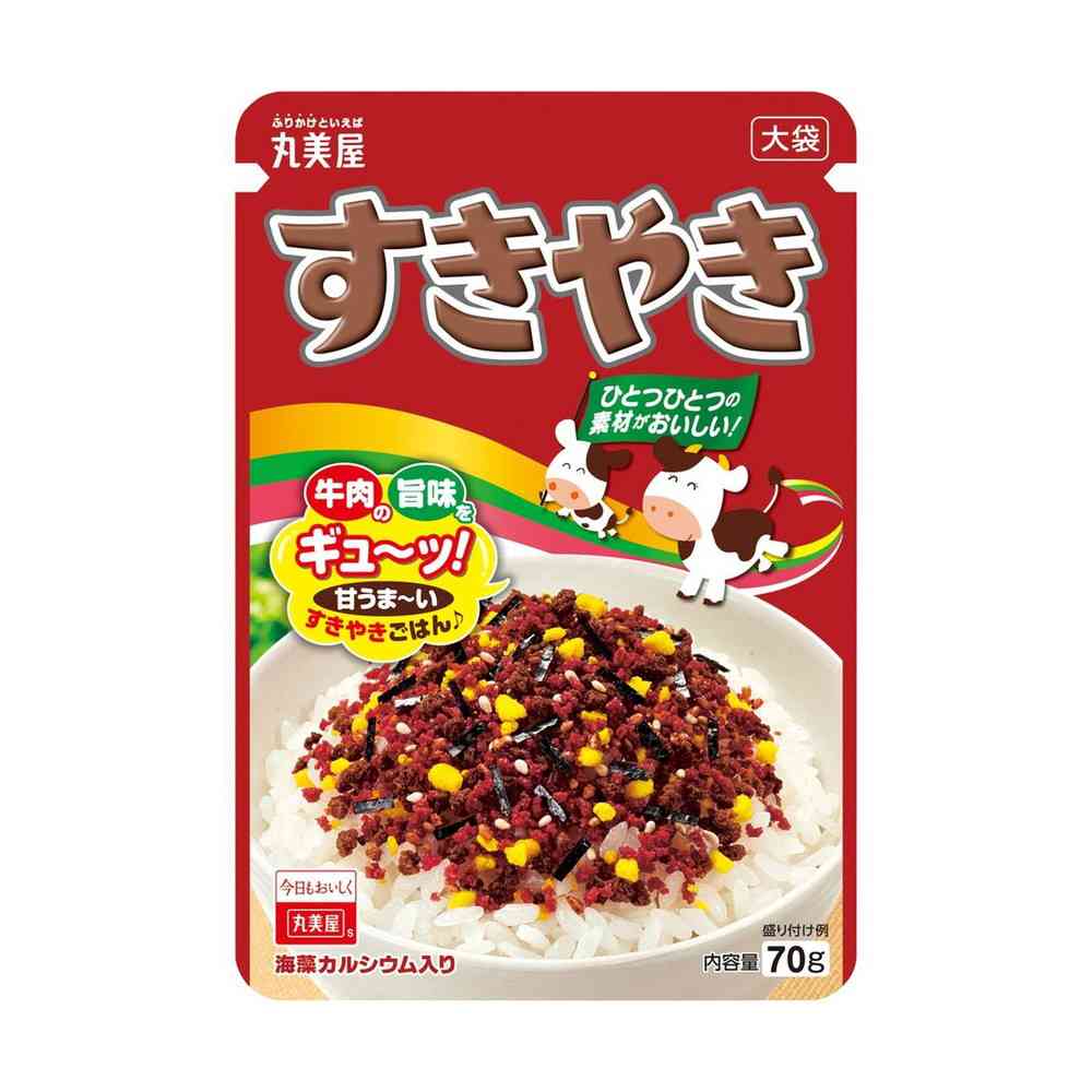 商品説明(製品の特徴)ごはんによく合う、食欲そそるすきやき風味。お得で使いやすい大袋タイプに詰めました。使用上の注意開封後はお早めにお召し上がりください。成分／分量小麦粉（国内製造）、砂糖、いりごま、醤油、食塩、牛肉、鶏卵加工品、こしあん、調製ラード、乳糖、でん粉、牛脂、植物性たん白、パーム油、マーガリン、海藻カルシウム、玉ねぎ粉末、乳製品、エキス（酵母、ビーフ、チキン）、大豆加工品、ぶどう糖果糖液糖、みりん、デキストリン、香味油、イースト、味付のり、すきやき風味シーズニング、みそ、香辛料、鶏肉粉末、鶏脂、ぶどう糖、水あめ／調味料（アミノ酸等）、着色料（赤ビート、カラメル、紅麹、カロチノイド）、セルロース、酸化防止剤（ビタミンE、ローズマリー抽出物）、香料、香辛料抽出物、（一部に卵?乳成分?小麦?牛肉?ごま?大豆?鶏肉を含む）エネルギー11kcal、たんぱく質0.47g、脂質0.51g、炭水化物1.2g、食塩相当量0.21gアレルゲン卵、乳成分、小麦、牛肉、ごま、大豆、鶏肉添加物L-グルタミン酸ナトリウム、DL-アラニン、5’-リボヌクレオチド二ナトリウム、グリシン、コハク酸二ナトリウム、L-シスチン、ビートレッド、カラメルI、ベニコウジ色素、デュナリエラカロテン、パーム油カロテン、アナトー色素、粉末セルロース、ミックストコフェロール、ローズマリー抽出物、香料、製造用剤保管及び取扱上の注意高温の場所をさけて保存してください問い合わせ先丸美屋食品工業株式会社お客様相談室 0120-038-258メーカー名(製造販売会社)丸美屋食品工業株式会社ブランド名丸美屋原産国日本広告文責株式会社サンドラッグ/電話番号:0120-009-368JAN4902820108064x20 ※パッケージ・デザイン・内容等は、リニューアルにより予告なしに変更される場合がありますので、予めご了承ください。※お届け地域によっては、表記されている日数よりもお届けにお時間を頂く場合がございます。ふりかけ、おにぎり、ご飯のお供、ごはんのおとも、お弁当