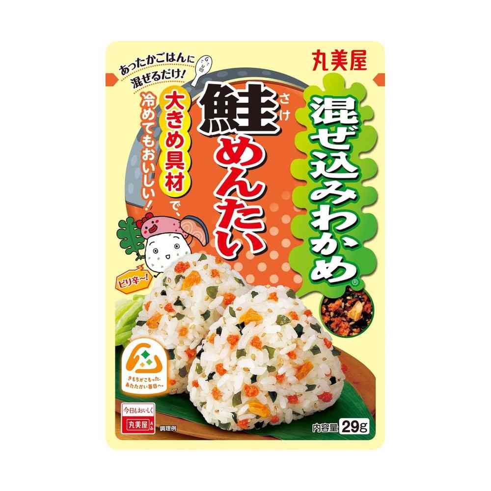 商品説明(製品の特徴)メインのわかめに人気具材の鮭とめんたいを合わせました。混ぜ込むだけで手軽に味わえます。使用上の注意開封後はお早めにお召し上がりください。成分／分量味付わかめ（わかめ、食塩、還元水あめ、酵母エキス粉末、砂糖、デキストリン、粉末油脂）（国内製造）、パン粉、鮭、食塩、調味顆粒（食塩、砂糖、でん粉、粉末醤油、ごま油、酵母工キス粉末）、醤油、植物性たん白、砂糖、いりごま、パーム油、デキストリン、でん粉、酵母エキス粉末、バター加工品（バター、脱脂粉乳、食塩）／調味料（アミノ酸等）、加工でん粉、着色料（カラメル、カロチノイド）、香料、酸化防止剤（ビタミンE）、（一部に乳成分?小麦?ごま?さけ・大豆を含む）エネルギー6.5kcal、たんぱく質0.42g、脂質0.25g、炭水化物0.64g、食塩相当量0.59gアレルゲン小麦、ごま、さけ、大豆添加物L-グルタミン酸ナトリウム、コハク酸二ナトリウム、5’-リボヌクレオチド二ナトリウム、L-アスパラギン酸ナトリウム、DL-アラニン、リン酸架橋デンプン、ベニコウジ色素、トウガラシ色素、ミックストコフェロール、ローズマリー抽出物保管及び取扱上の注意高温の場所をさけて保存してください問い合わせ先丸美屋食品工業株式会社お客様相談室 0120-038-258メーカー名(製造販売会社)丸美屋食品工業株式会社ブランド名丸美屋原産国日本広告文責株式会社サンドラッグ/電話番号:0120-009-368JAN4902820112924x10 ※パッケージ・デザイン・内容等は、リニューアルにより予告なしに変更される場合がありますので、予めご了承ください。※お届け地域によっては、表記されている日数よりもお届けにお時間を頂く場合がございます。ふりかけ、おにぎり、ご飯のお供、ごはんのおとも、お弁当