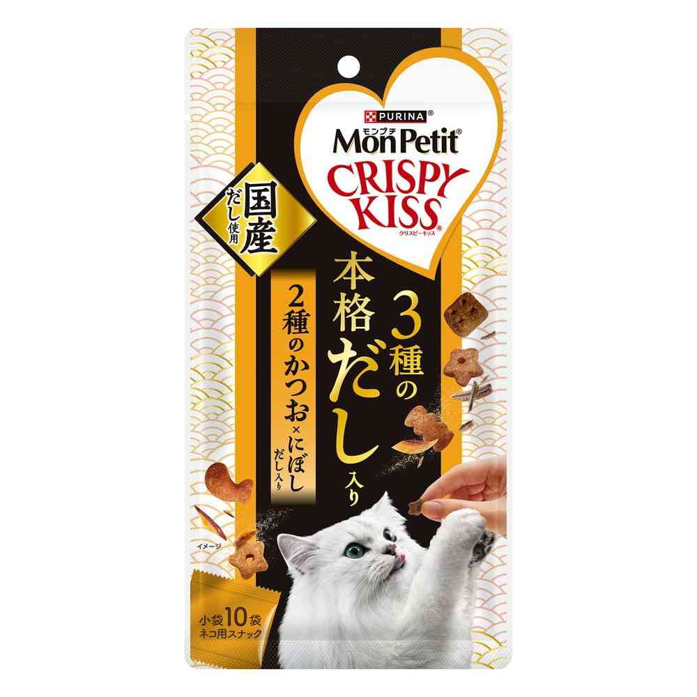 商品説明(製品の特徴)お魚を第1主原料に使用した、香り広がるクリスピーなおやつ。厳選した2種のかつおだしとにぼしだしをブレンド。魚介由来の贅沢なだしの香りと旨味が広がる美味しさ。成分／分量白身魚、チキン、米、チキンミール、牛脂、えんどう豆でんぷん、大麦、とうもろこしたんぱく、たんぱく加水分解物、キャッサバ粉、かつおだしパウダー、小魚（にぼし）、モルトエキス、かつお節、ぶどう糖、酵母、ツナパウダー、えびパウダー、かにパウダー、ミネラル類（カルシウム、カリウム、ナトリウム、クロライド、鉄、銅、マンガン、亜鉛、ヨウ素、セレン）、酸味料、アミノ酸類（グリシン、タウリン）、ビタミン類（A、D、E、K、B1、B2、パントテン酸、ナイアシン、B6、葉酸、ビオチン、B12、コリン、C）、着色料（食用赤色40号、食用青色2号、食用黄色4号、食用黄色5号）、酸化防止剤（ブチルヒドロキシアニソール、ジブチルヒドロキシトルエン、ミックストコフェロール）たんぱく質・・・29%以上、脂質・・・15%以上、粗繊維・・・4%以下、灰分・・・9%以下、水分8%以下目安量/お召し上がり方成猫体重1kgあたり1日小袋0.5袋を目安に与えてください。適切な栄養量を維持するために与えすぎには注意し、主食の給与量を調節してください。すべての必須栄養素を愛猫が摂取するために、総合栄養食（モンプチドライフード）との併用をおすすめします。愛猫の食べ方によっては、のどに詰まらせるなど注意が必要な場合があります。様子を見ながら与えてください。保管及び取扱上の注意直射日光や高温多湿を避け、小児の手の届かない涼しく風通しのよい室内・屋内で保管してください。保管の際は虫などが入らないようにご注意ください。開封後は密封して保存し、お早めにお使いください。問い合わせ先ネスレ日本株式会社0120-262-333メーカー名(製造販売会社)ネスレ日本株式会社ブランド名モンプチ原産国アメリカ広告文責株式会社サンドラッグ/電話番号:0120-009-368JAN4902201218986x6 ※パッケージ・デザイン・内容等は、リニューアルにより予告なしに変更される場合がありますので、予めご了承ください。※お届け地域によっては、表記されている日数よりもお届けにお時間を頂く場合がございます。ペット、ペットフード、おやつ、猫、ドライ、素材