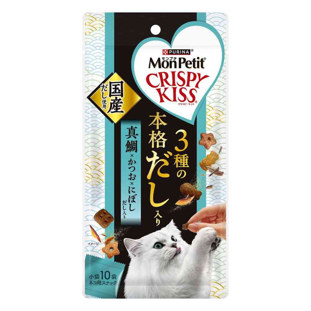 商品説明(製品の特徴)お魚を第1主原料に使用した、香り広がるクリスピーなおやつ。厳選した真鯛だし・かつおだし・にぼしだしの3種をブレンド。魚介由来の贅沢なだしの香りと旨味が広がる美味しさ。成分／分量白身魚、チキン、米、チキンミール、牛脂、えんどう豆でんぷん、とうもろこしたんぱく、大麦、たんぱく加水分解物、酵母、キャッサバ粉、かつおだしパウダー、小魚（にぼし）、モルトエキス、かつお節、ぶどう糖、サーモンパウダー、えびパウダー、真鯛だしパウダー、ミネラル類（カルシウム、カリウム、ナトリウム、クロライド、鉄、銅、マンガン、亜鉛、ヨウ素、セレン）、酸味料、アミノ酸類（グリシン、タウリン）、ビタミン類（A、D、E、K、B1、B2、パントテン酸、ナイアシン、B6、葉酸、ビオチン、B12、コリン、C）、着色料（食用赤色40号、食用青色2号、食用黄色4号、食用黄色5号）、酸化防止剤（ブチルヒドロキシアニソール、ジブチルヒドロキシトルエン、ミックストコフェロール）たんぱく質・・・29%以上、脂質・・・15%以上、粗繊維・・・4%以下、灰分・・・9%以下、水分8%以下目安量/お召し上がり方成猫体重1kgあたり1日小袋0.5袋を目安に与えてください。適切な栄養量を維持するために与えすぎには注意し、主食の給与量を調節してください。すべての必須栄養素を愛猫が摂取するために、総合栄養食（モンプチドライフード）との併用をおすすめします。愛猫の食べ方によっては、のどに詰まらせるなど注意が必要な場合があります。様子を見ながら与えてください。保管及び取扱上の注意直射日光や高温多湿を避け、小児の手の届かない涼しく風通しのよい室内・屋内で保管してください。保管の際は虫などが入らないようにご注意ください。開封後は密封して保存し、お早めにお使いください。問い合わせ先ネスレ日本株式会社0120-262-333メーカー名(製造販売会社)ネスレ日本株式会社ブランド名モンプチ原産国アメリカ広告文責株式会社サンドラッグ/電話番号:0120-009-368JAN4902201218993x30 ※パッケージ・デザイン・内容等は、リニューアルにより予告なしに変更される場合がありますので、予めご了承ください。※お届け地域によっては、表記されている日数よりもお届けにお時間を頂く場合がございます。ペット、ペットフード、おやつ、猫、ドライ、素材
