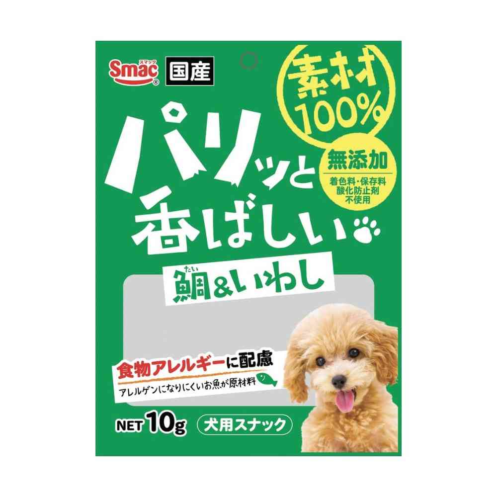 ■商品説明(製品の特徴)特殊製法「瞬間高温高圧焼成法」で鯛＆いわしを一瞬で焼き上げました。栄養とおいしさがギュッと詰まっています。DHAが豊富な鯛と、カルシウム、EPAが豊富ないわしで、愛犬の健康維持をサポートします。便の状態・体調などを考慮して1日数回に分けて与えて下さい。■サイズ155×210×10■成分／分量いわし、鯛たんぱく質68.0%以上脂質2.0％以上粗繊維2.0％以下灰分20.0％以下水分12.0％以下代謝エネルギー315kcal／100g■取扱上及び保管に関する注意事項犬専用商品です。愛犬の食べ方や習性によっては、喉に詰まらせることがありますので必ず観察しながら与えてください。おいしさを保つために脱酸素剤が入っています。無害ですが食品ではありませんので食べさせないようにご注意ください。また開封後は効果がなくなりますので捨ててください。開封後に脱酸素剤が発熱する場合がありますが、問題ありません。原材料の産地や製造時期などにより、色やサイズなどの見た目、においにばらつきが生じることがありますが品質には問題ありません。商品の特性上、形状のふぞろいなものや割れが混ざっています。高温・高湿・直射日光の当たる場所は避けて、開封後は虫などの被害を受けないようにして下さい。開封後はお早めにお使い下さい。■問い合わせ先株式会社スマック電話番号：052-603-7887■メーカー名(製造販売会社)株式会社スマック■原産国日本■広告文責株式会社サンドラッグ/電話番号:0120-009-368■JAN4970022014483※パッケージ・デザイン・内容等は、リニューアルにより予告なしに変更される場合がありますので、予めご了承ください。※お届け地域によっては、表記されている日数よりもお届けにお時間を頂く場合がございます。ペット、ペットフード、おやつ、犬、素材、国産、無添加、タイ、鰯