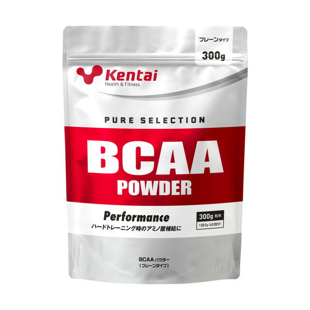 商品名BCAAパウダー 内容量300g 商品説明（製品の特徴）BCAA（バリン・ロイシン・イソロイシン）は、体内で合成できない必須アミノ酸です。運動時に筋肉のエネルギー源として利用されるため、強度の強いトレーニングを行うアスリートにとっては特に重要なアミノ酸です。パフォーマンスアップ、ウエイトトレーニングによる筋力アップに。 目安量/お召し上がり方栄養補助食品として、付属のスプーン2.5杯（約5g）を水などと一緒にお召し上がりください。（摂取タイミング）トレーニング前・中・後 使用上の注意●開封後は、ほこりがはいらないようしっかりチャックを閉め、高温、多湿を避けて保管し、なるべく早めにお召し上がりください。●濡れたスプーンを袋にいれないでください。 成分・分量栄養成分表示（5g当たり）エネルギー20kcal、たんぱく質5g、脂質0g、炭水化物0g、食塩相当量0g/バリン1250mg、イソロイシン1250mg、ロイシン2500mg 保管及び取扱上の注意直射日光、高温多湿を避けて保存して下さい。 問合せ先株式会社健康体力研究所 お客様窓口0120‐44‐8810 販売会社(発売元）株式会社健康体力研究所 リスク区分（商品区分）健康食品 広告文責株式会社サンドラッグ/電話番号:0120‐009‐368 JANコード4972174353380 ブランドkentai ※お届け地域によっては、表記されている日数よりもお届けにお時間を頂く場合がございます。