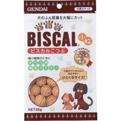 商品名ビスカル小粒　65g内容量65G商品説明米胚芽・大豆発酵抽出物、樹木抽出物（成分である発酵多糖類が腸内の細菌叢を正常化することで、悪臭の発生を抑制します）が気になるふん尿臭を軽減する栄養ビスケット。毎日与えていただくことで3〜4日頃よりふん尿臭が軽減する犬用スナックです。与えやすい一口サイズ。製造販売会社（メーカー）現代製薬広告文責株式会社サンドラッグ電話番号:0120‐009‐368JANコード4972468015017ブランドビスカル※パッケージ・デザイン等は、予告なしに変更される場合がありますので、予めご了承ください。※お届け地域によっては、表記されている日数よりもお届けにお時間を頂く場合がございます。