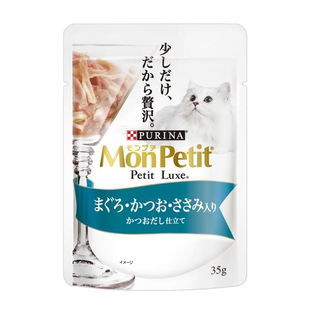 乐天商城 - モンプチ プチリュクスパウチ まぐろ＆かつお＆ささみ入り かつおだし仕立て 35g 【12個セット】