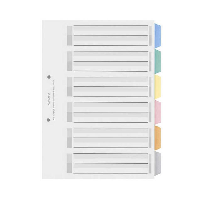 KOKUYO Divider Cards, PP, A4S, 2-hole, 6-tab, 1 set