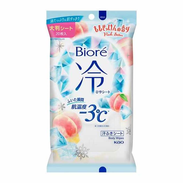 ■商品説明（製品の特徴） 1枚で全身まるごとひんやり！ ビオレ冷シートふいた瞬間肌温度−3度＊＊二往復ふいた場合ももせっけんの香りやぶれにくい厚手の大判シート（23cm×20cm）冷却ウォーターたっぷりひたひた！ふいた瞬間から熱を逃がします。肌すっきり爽快！※メントール配合●ベタつく汗・ニオイのもととなる皮脂汚れをふき取ります。●ヒアルロン酸配合。■材質 基布素材：レーヨン、ポリエチレン、ポリプロピレン■使用上の注意 ●メントールの冷感刺激に弱い方、アルコール過敏症の方、特に肌の弱い方、乳幼児は使わない。●傷、はれもの、湿疹等異常のあるところ、顔、粘膜、除毛直後には使わない。●肌に長時間密着させて使わない。●肌に異常が生じていないかよく注意して使う。肌に合わない時、使用中に赤み、はれ、かゆみ、刺激、色抜け（白斑等）や黒ずみ等の異常が出た時、直射日光があたって同様の異常が出た時は使用を中止し、皮フ科医へ相談する。使い続けると症状が悪化することがある。●目に入った時は、すぐに充分洗い流す。●シートは水に溶けないので、トイレ等に流さない。●家具、床、電気製品等をふかない。●高温の場所、直射日光のあたる場所には置かない。■成分・分量 水、エタノール、PEG‐60水添ヒマシ油、メントール、トロメタミン、PEG‐11メチルエーテルジメチコン、コハク酸、ヒアルロン酸Na、EDTA‐2Na、メチルパラベン、フェノキシエタノール、香料■問合せ先 花王株式会社電話番号：0120‐165‐696受付時間9:00〜17:00（土曜・日曜・祝日を除く）■製造販売会社（メーカー） 花王株式会社■販売会社(発売元） 花王株式会社■原産国 日本■広告文責 株式会社サンドラッグ電話番号:0120‐009‐368■JANコード 4901301367266■ブランド ビオレ※パッケージ・デザイン等は、予告なしに変更される場合がありますので、予めご了承ください。※お届け地域によっては、表記されている日数よりもお届けにお時間を頂く場合がございます。