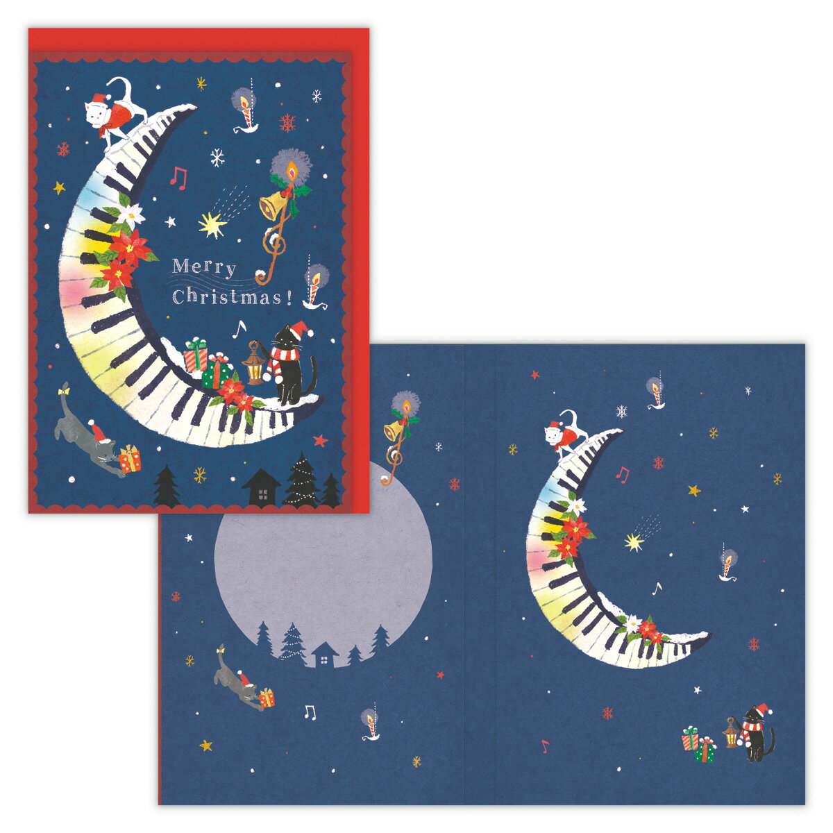 クリスマスカード 音が鳴る♪We wish you a Merry Christmas+猫の鳴き声 オルゴールカード サンタ猫と月 836863 日本ホールマー...