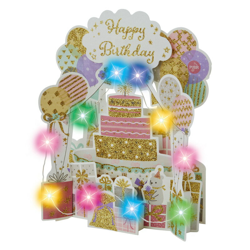 バースデーカード 光る♪「HAPPY BIRTHDAY TO YOU」のメロディーと歌声、歓声が流れるカード 誕生日祝い ライト＆メロディー 風船とプレゼント JPME49-3 982369 サンリオ sanrio 誕生日 お祝い 子供 手紙のサムネイル