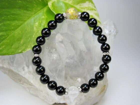 【均一ブレスレット】オニキス+水晶青龍(ゴールド)・鳳凰Φ8+Φ10mm