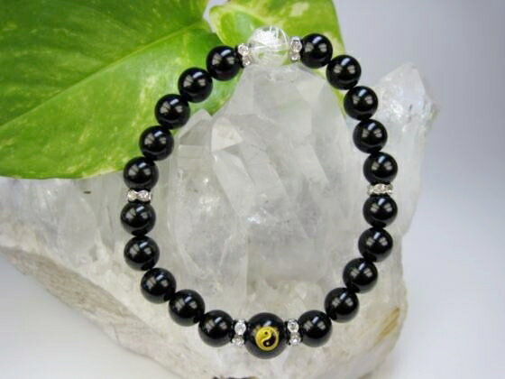 【均一ブレスレット】オニキス+水晶青龍(シルバー)・太極Φ8+Φ10mm