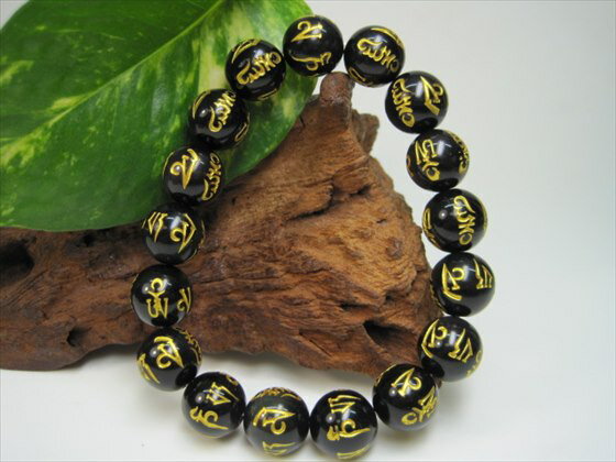 【均一ブレスレット】レインボーオブシディアン六字真言Φ12±0.2mm