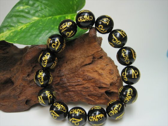 【均一ブレスレット】レインボーオブシディアン六字真言Φ14±0.2mm