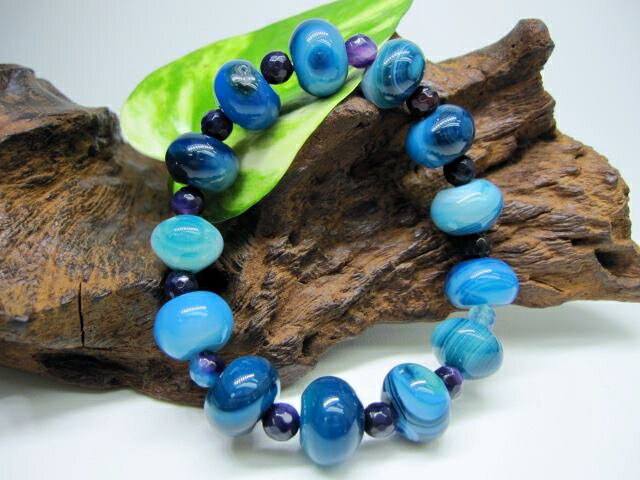 【均一ブレスレット】青縞メノウ(熱処理) Φ14×9mm+6mm