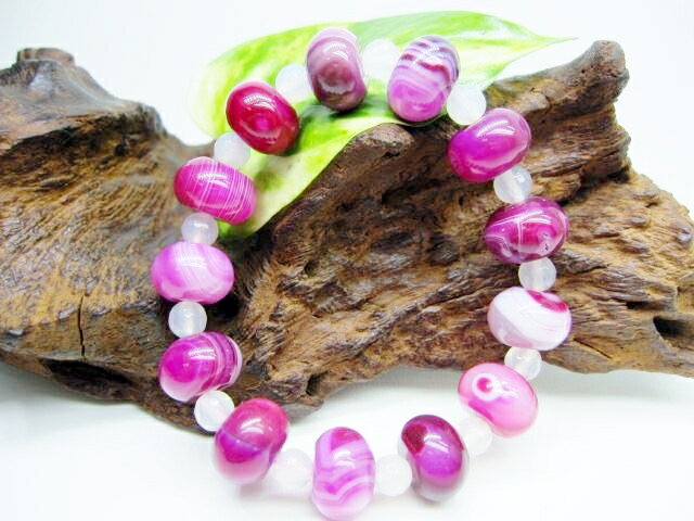 【均一ブレスレット】ピンク縞メノウ(熱処理) Φ14×9mm+6mm