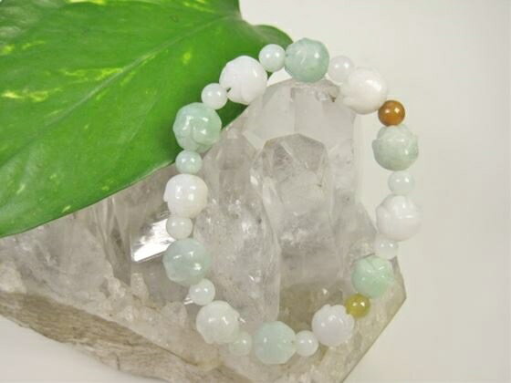 【均一ブレスレット】翡翠(ジェダイト)蓮花カット+ラウンドΦ10mm+Φ6mm