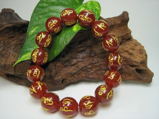【均一ブレスレット】レッドアゲート(赤メノウ)六字真言Φ14±0.2mm