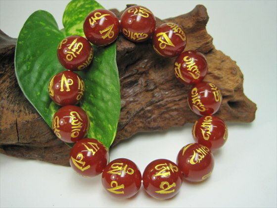 【均一ブレスレット】レッドアゲート(赤メノウ)六字真言Φ16±0.2mm