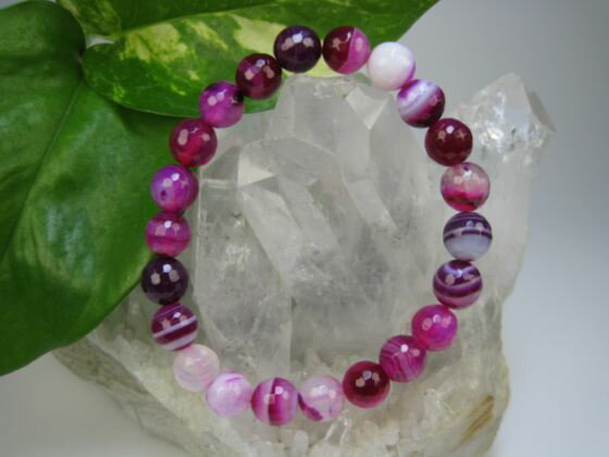 【均一ブレスレット】ピンク縞メノウ(熱処理)128面カットΦ8±0.2mm