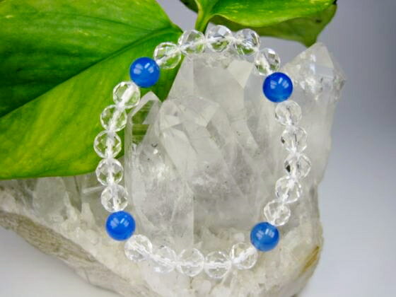 【均一ブレスレット】水晶64面カット+ブルーアゲート(青メノウ)Φ7.5+Φ8mm