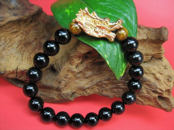 【均一ブレスレット】オニキス+ゴールドアンバー+龍Φ10±0.2mm