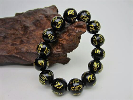 【均一ブレスレット】オニキス六字真言Φ14±0.5mm【ゴールド】