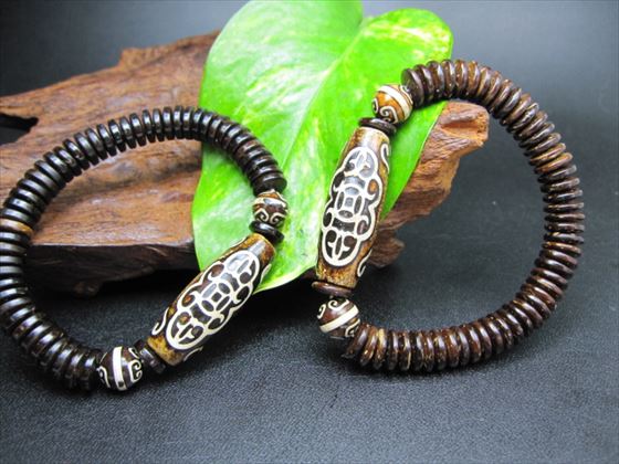 【天珠ブレスレット】雙心銭幣天珠+薬師如意天珠39×15mm+Φ10.2mm