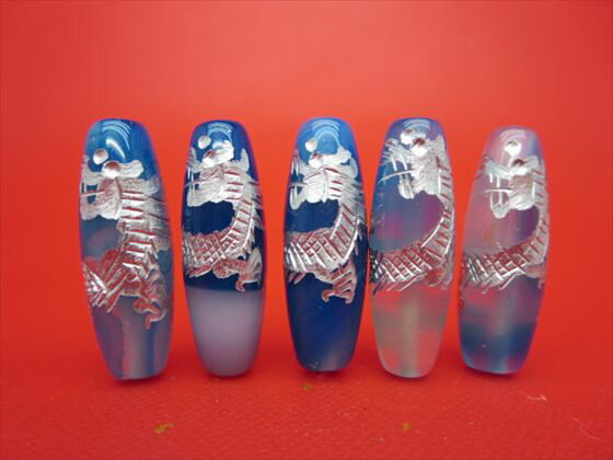 ※特価※【チベット高級天珠】手彫り龍神天珠青メノウ30×10mm【シルバー】