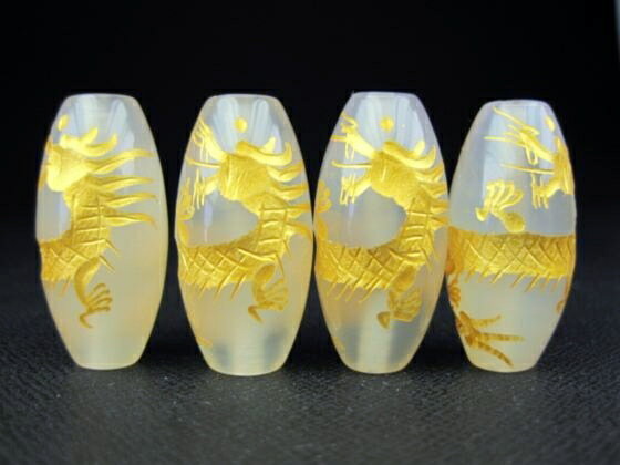 ※訳あり※【チベット高級天珠】手彫り龍神天珠白玉髄30×15mm【ゴールド】