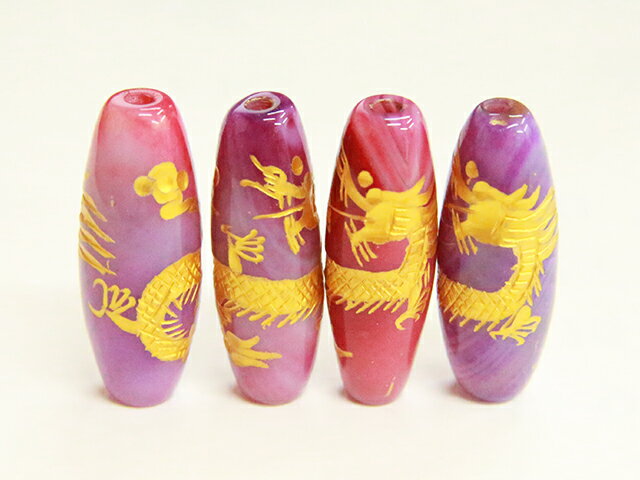 【チベット高級天珠】手彫り龍神天珠ピンク紫メノウ40×14±3mm【ゴールド】