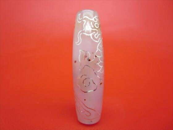 【チベット銀線天珠】龍神天珠約47×14mm【鉱物・朱砂入り】【一点物】