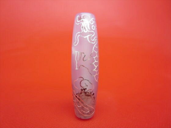 【チベット銀線天珠】龍神天珠約48×13mm【鉱物・朱砂入り】【一点物】