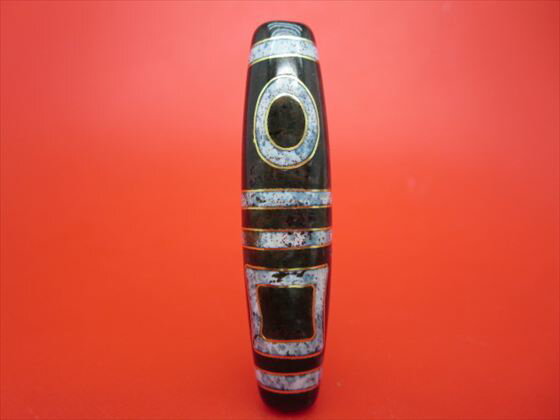 【チベット銀線天珠】雙天地天珠約58×14mm【古銅】【朱砂入り】【一点物】