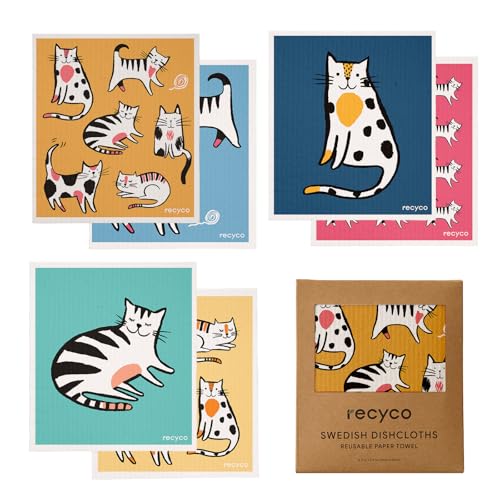 Recyco キッチンクロス セルロース クロス 17×19cm ふきん 6枚セット 天然繊維 スポンジワイプ ねこちゃん ぐんぐん吸水 速乾