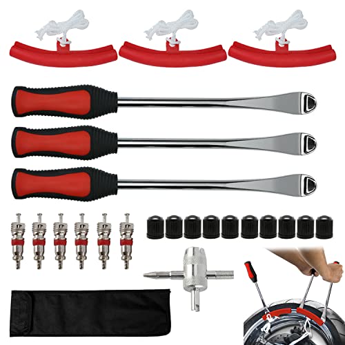 タイヤレバー バイク 自転車 タイヤ ホイール 脱着 専用工具 タイヤ修理ツールキット ステンレス製 収納袋付き（23点セット）(2)