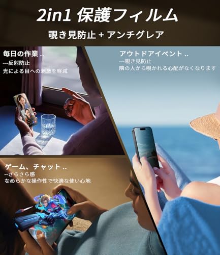 MINIKA のぞき見防止 + アンチグレア 用の iPhone 16 Plus ガラスフィルム 覗き見...