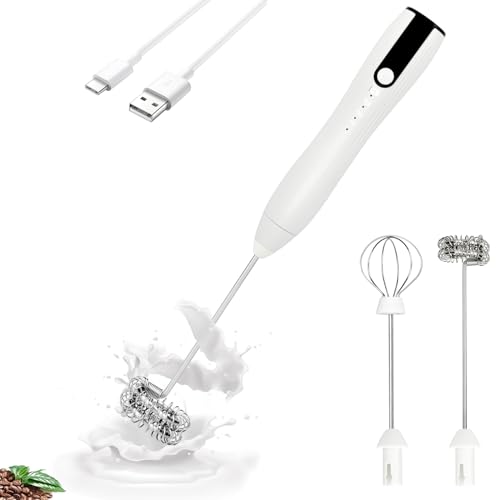 TonJin ダブル泡立て器 ミルク泡立て器 ハンドヘルド USB-C 充電式 電気ドリンクミキサー ホワイト 3段階速度調整 コーヒー泡立て器