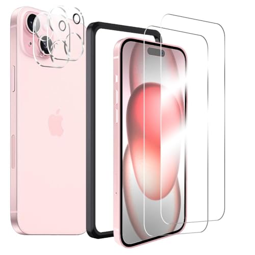 Besecou ガラスフィルム iPhone 15 用 2枚 + カメラフィルム 2枚 旭硝子素材製 ガイド枠付き 強化ガラ..